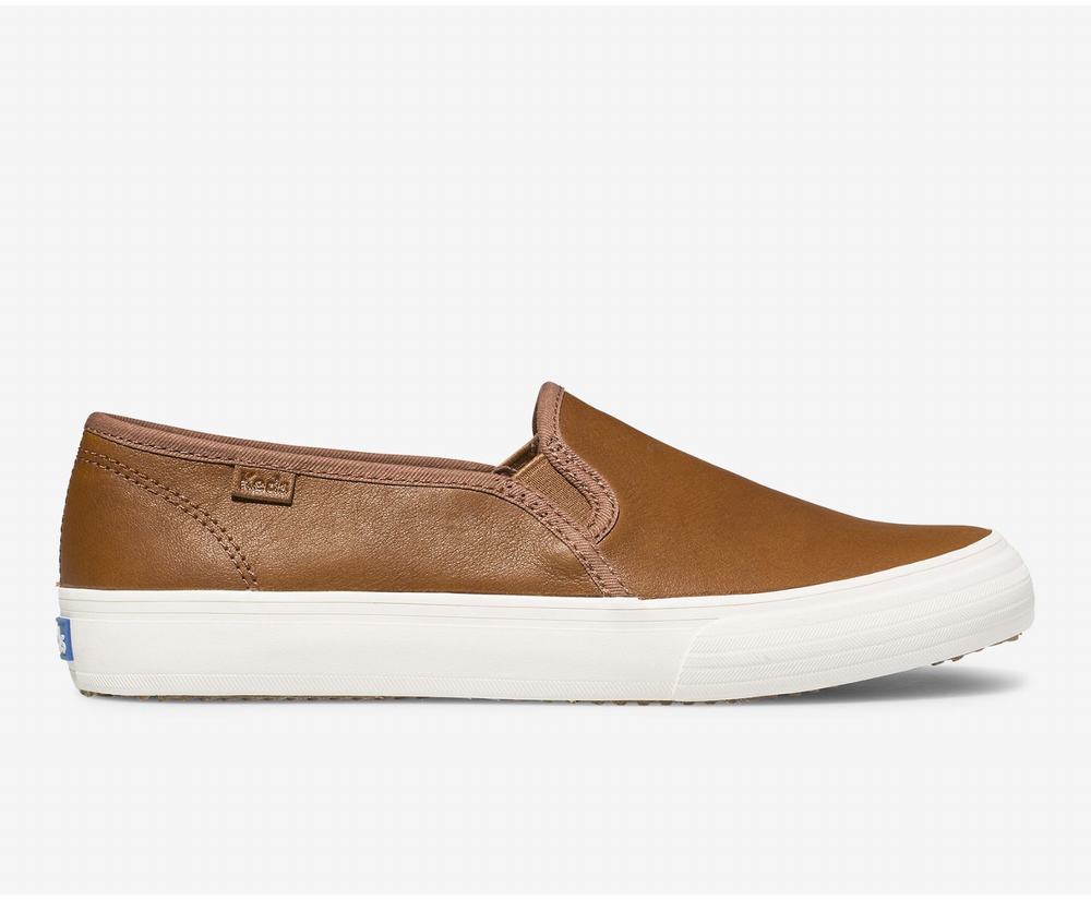 Women's Keds Double Decker Leather Slip Ons Brown 7345186XB - South Africa